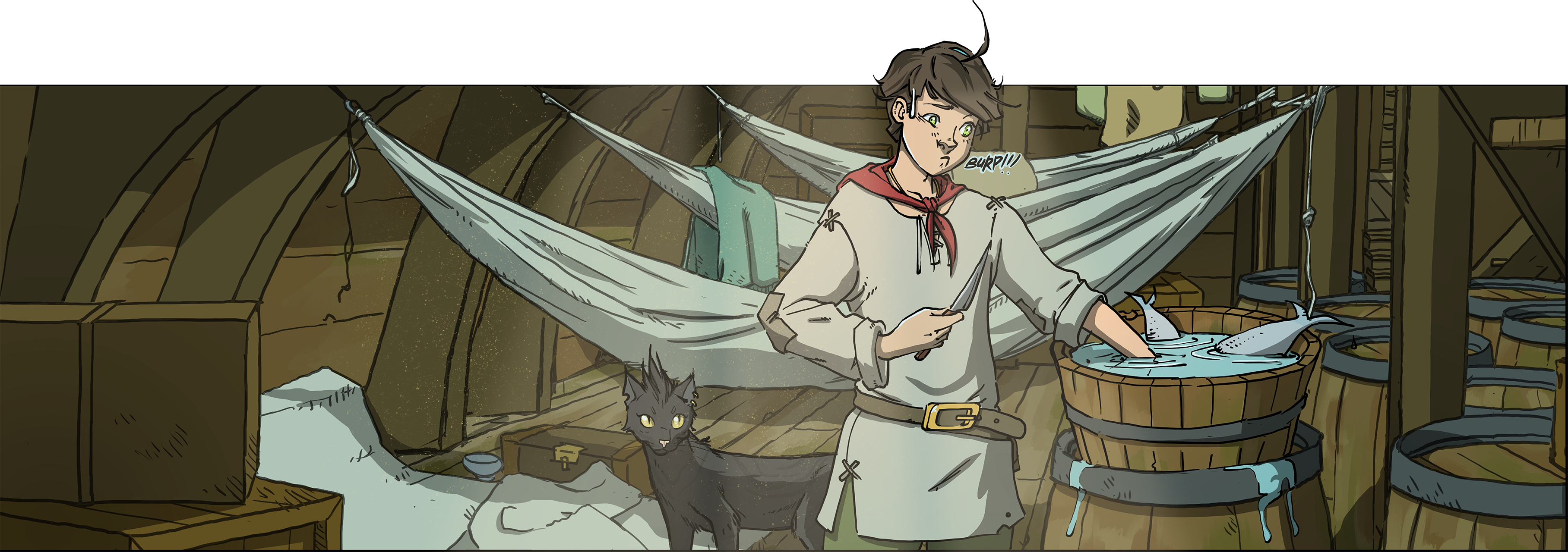 Une jeune fille lave des poissons dans un seau dans la cale d'un bateau